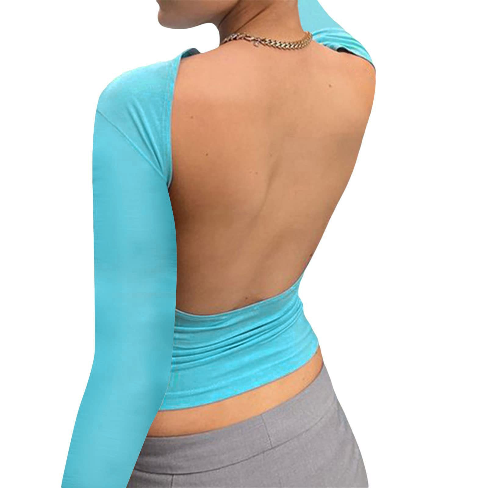 thumbnail image 5 of Top corto sin espalda de manga corta liso para mujer: camiseta sexy informal para la playa con cuello redondo y corte ajustado, 5 of 8
